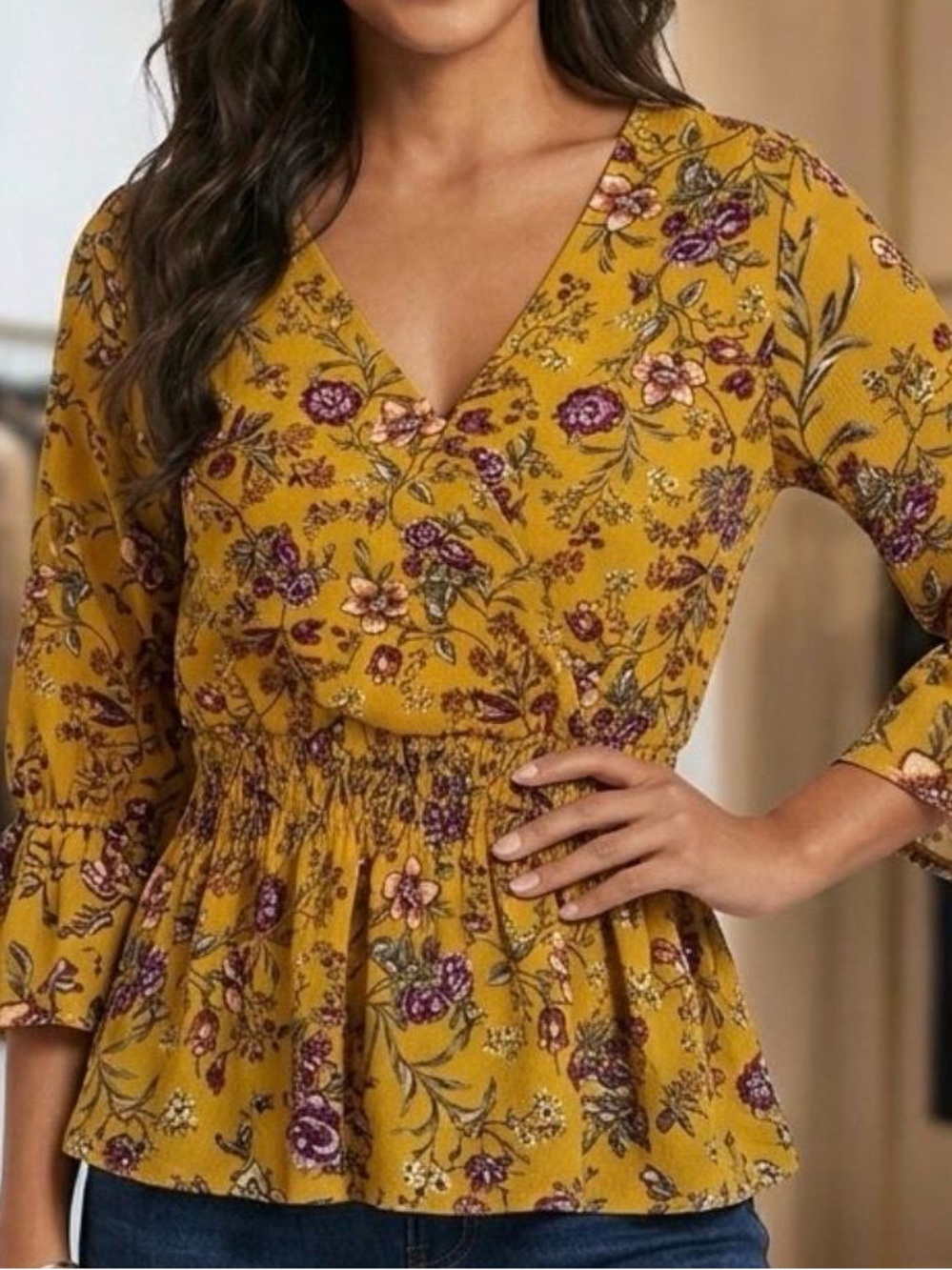 Moa Moa Mustard Floral Peplum Blouse